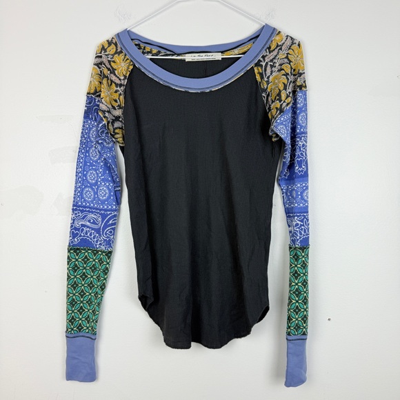 Free People Bright Side Mixed-Print Boho Thermal Patchwork Long Sleeve Top - Picture 2 of 6